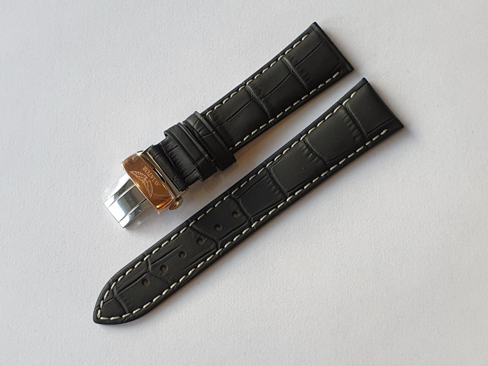 AVIATOR SWISS REMIENOK Z TEĽACEJ KOŽE PRE MODEL HERITAGE CHRONOGRAPH TRIMETER AUTO - Čierny so zlatým butterfly zapínaním