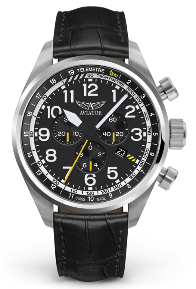 Aviator Swiss remienok z teľacej kože pre model AIRACOBRA P45 Chrono - čierny s oceľovou prackou