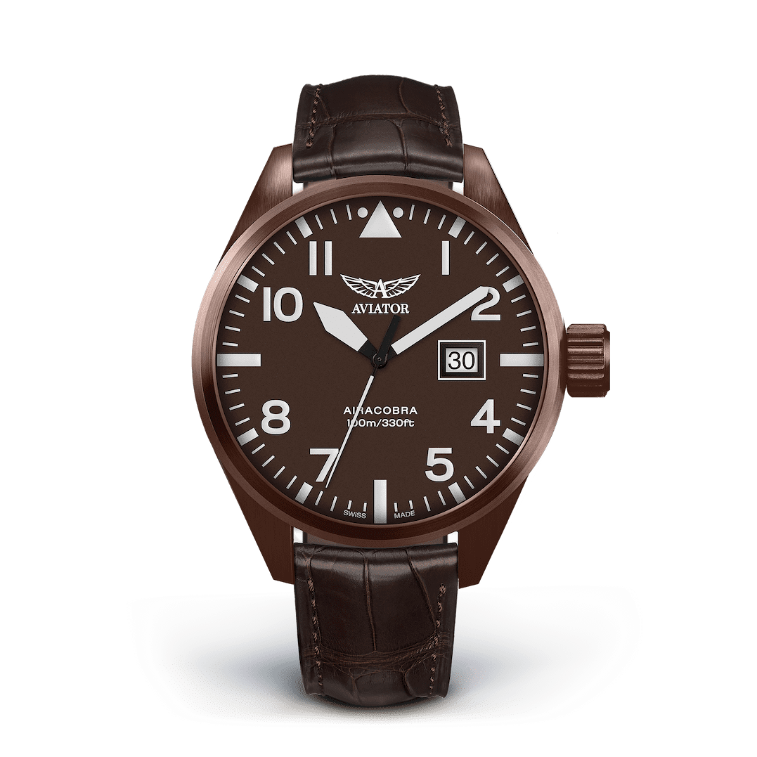 Aviator Swiss remienok z teľacej kože pre model AIRACOBRA P42 - hnedý s bronzovou prackou